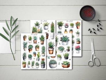 Einzigartiges Sticker-Set mit verschiedenen Sukkulenten und Topfpflanzen – handgemalt im Aquarellstil